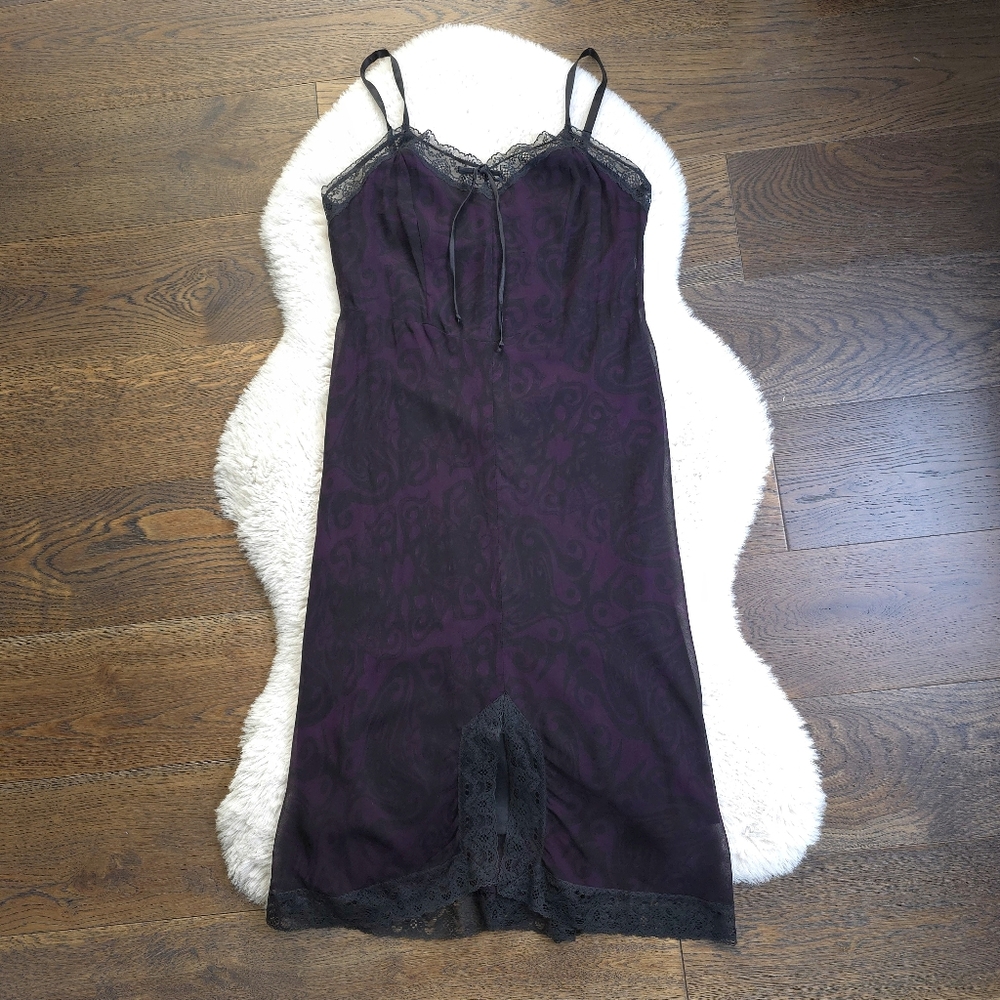Vintage Betsey Johnson Franky Y2K Purple Tattoo Lace Gothic Midi Slip Dressp